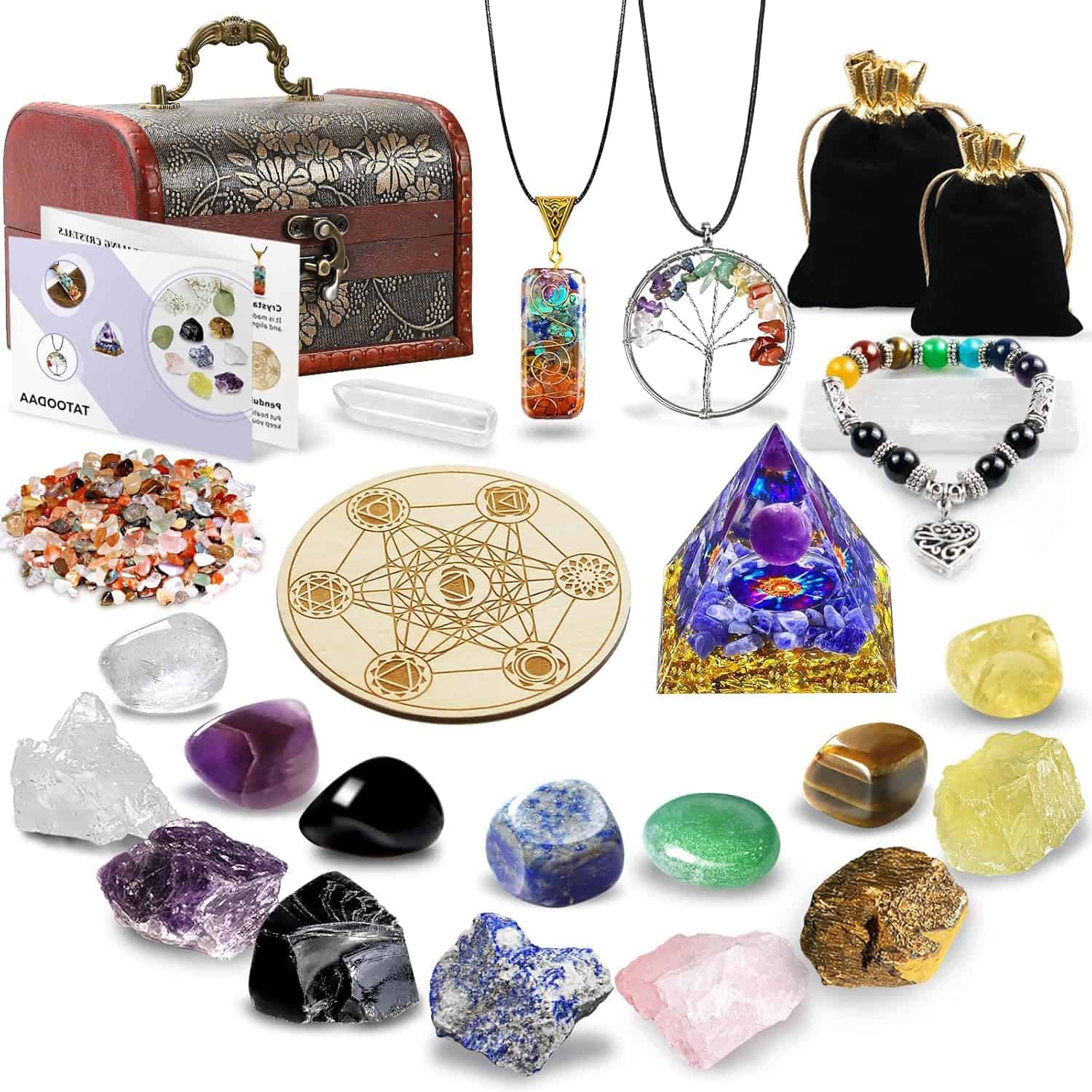 Healing Crystal Set 26 Pcs for Meditation, Reiki, and Chakra Balancing with Wooden Box